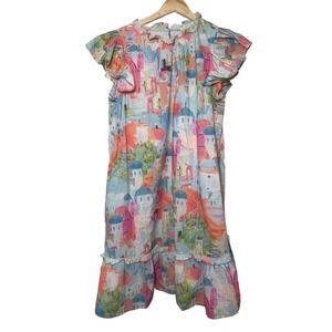 PINCH Watercolor Floral Puff Sleeve Babydoll Mini Dress Sz L 4242D Cottagecore